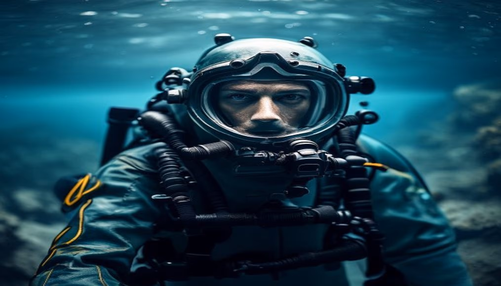 deep sea diving suit antique in editorial style