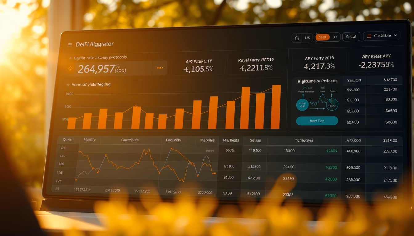 DeFi yield aggregator dashboard showing APY rates across protocols in editorial style