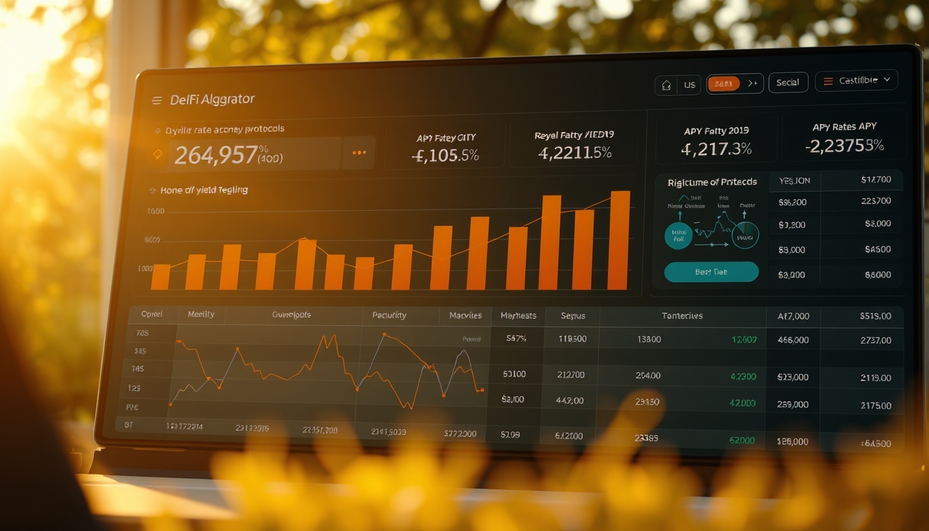 Agregador de yield DeFi dashboard mostrando APY entre protocolos em estilo editorial