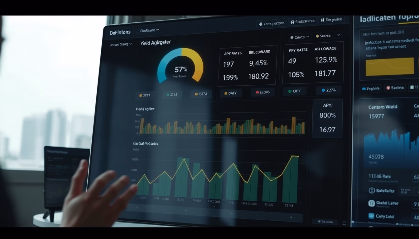 DeFi yield aggregator dashboard showing APY rates across protocols in editorial style