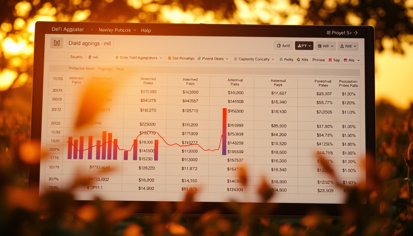 Agregador de yield DeFi dashboard mostrando APY entre protocolos em estilo editorial