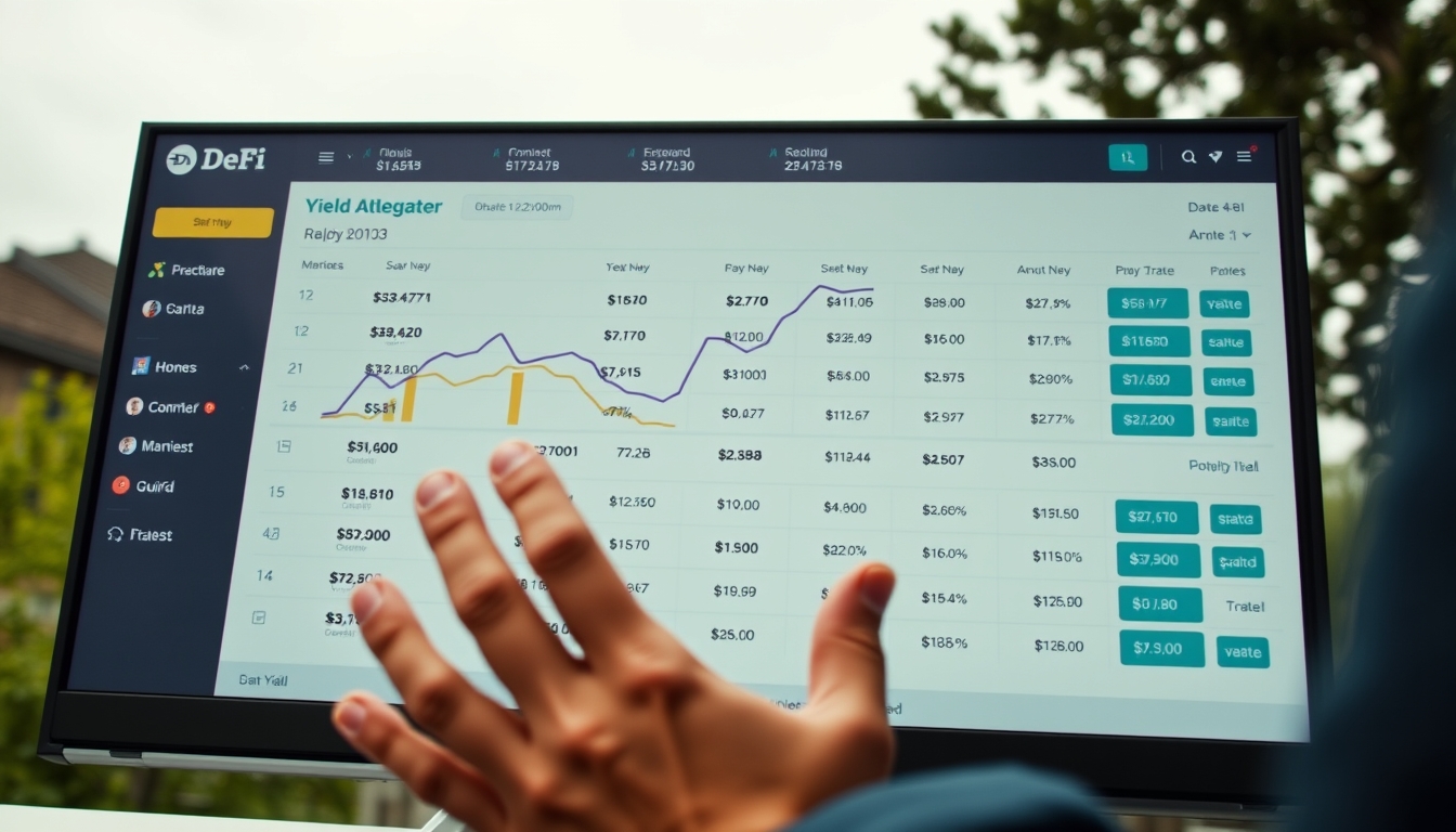 Agregador de yield DeFi dashboard mostrando APY entre protocolos em estilo editorial
