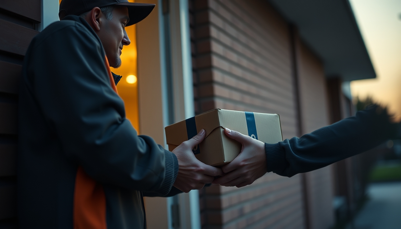 delivery driver handing package to customer at door in editorial style