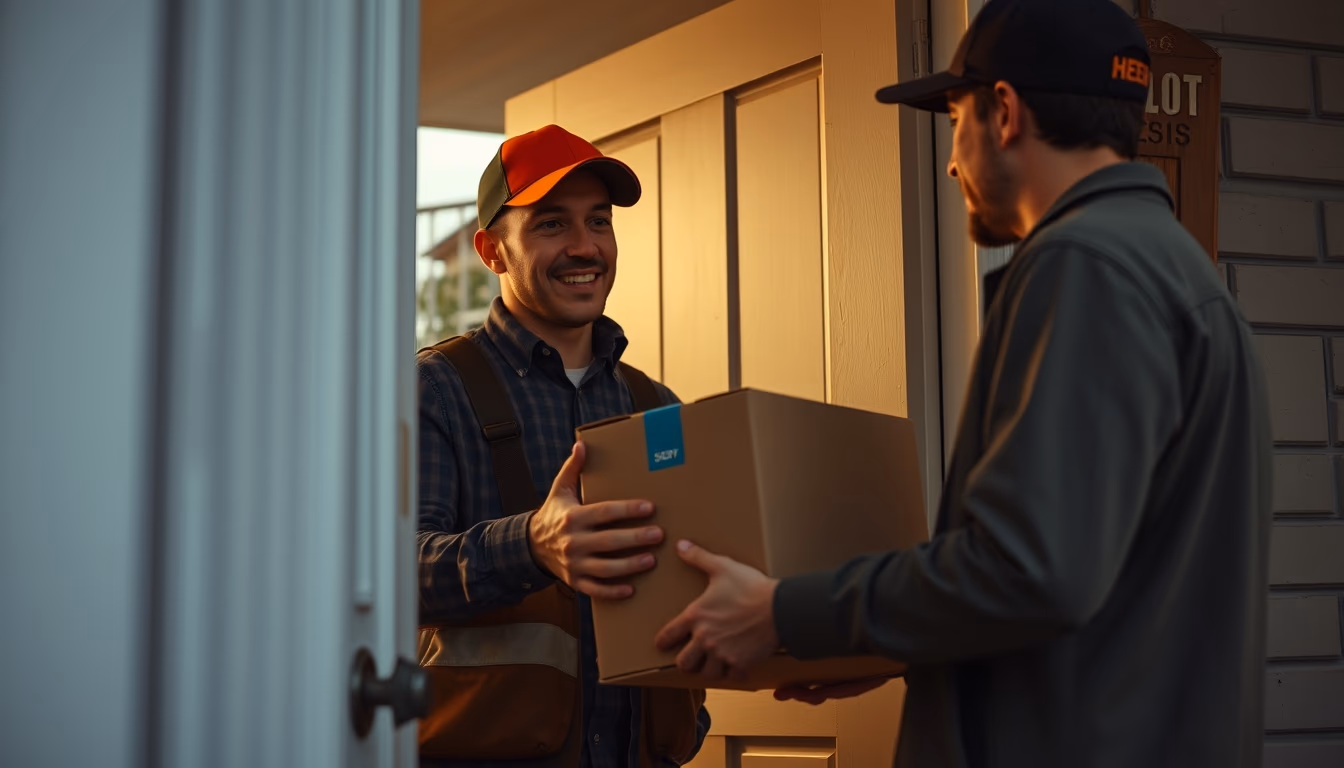 delivery driver handing package to customer at door in editorial style