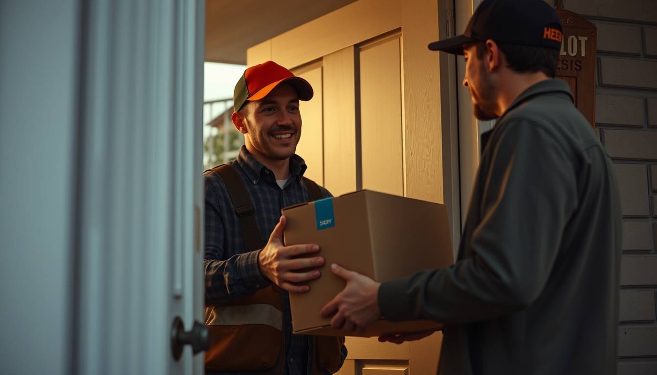 delivery driver handing package to customer at door in editorial style