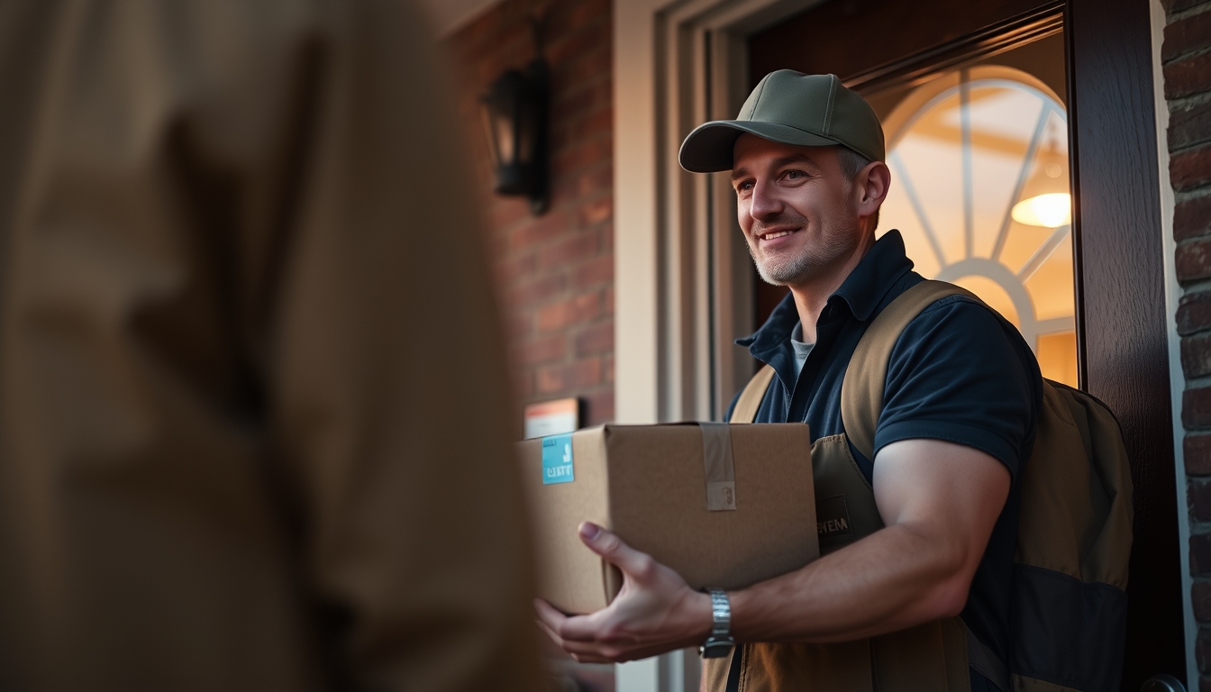 delivery driver handing package to customer at door in editorial style