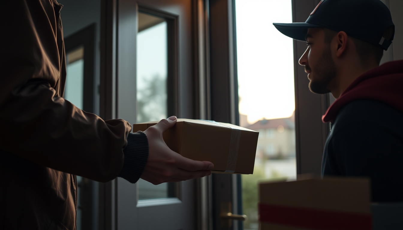 delivery driver handing package to customer at door in editorial style