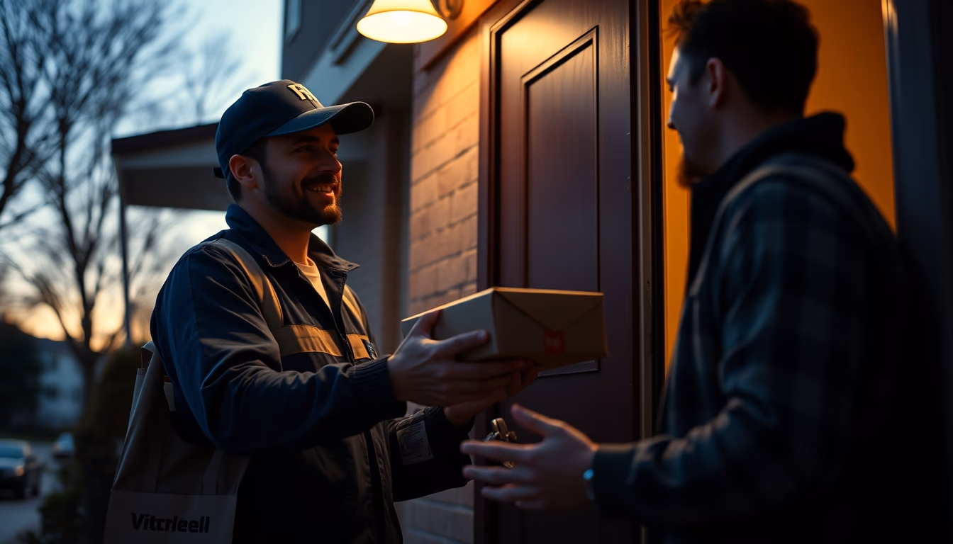 Delivery driver handing package to customer at door em estilo editorial