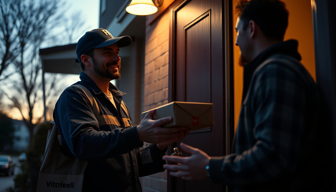 delivery driver handing package to customer at door in editorial style