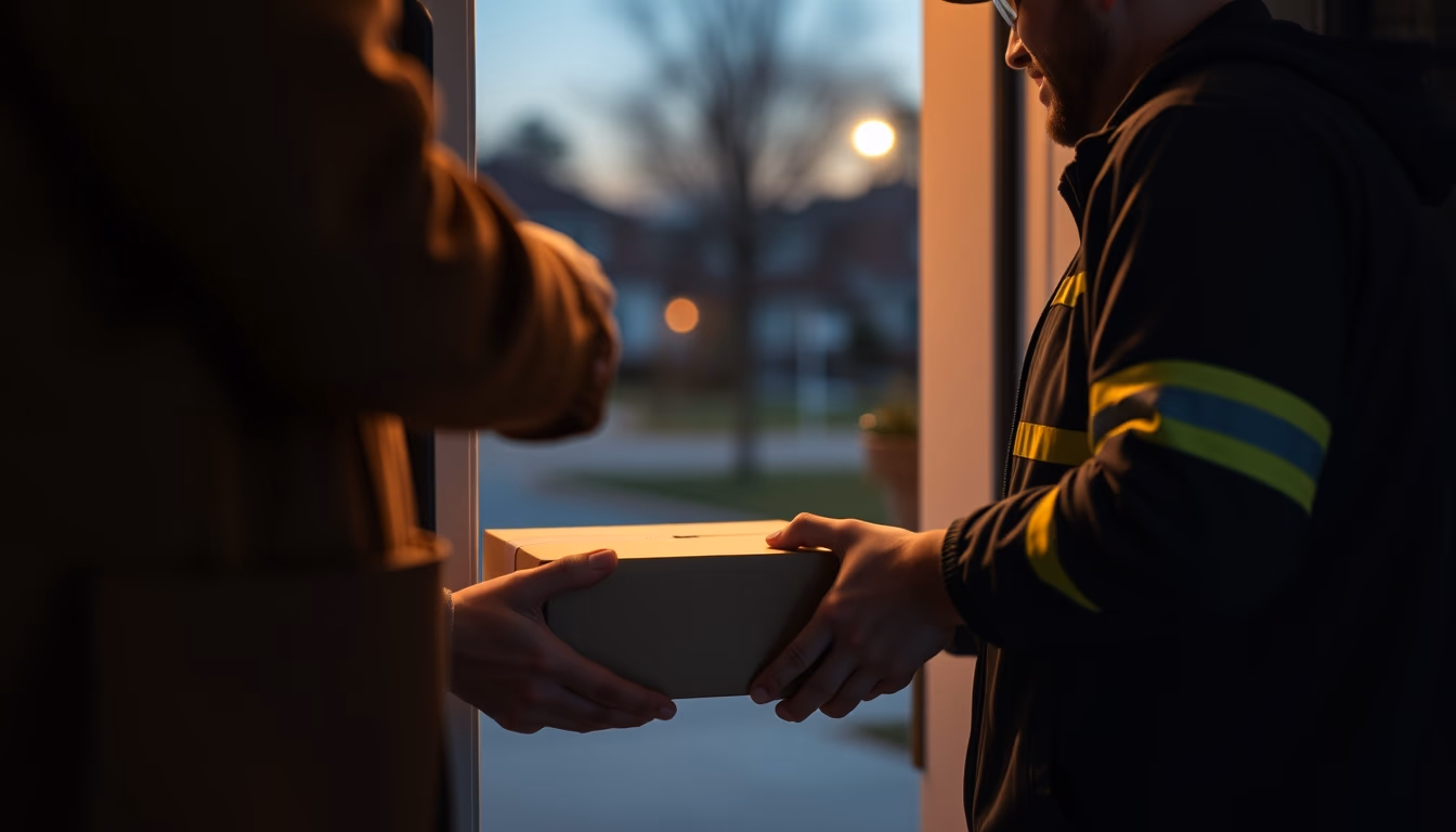 delivery driver handing package to customer at door in editorial style