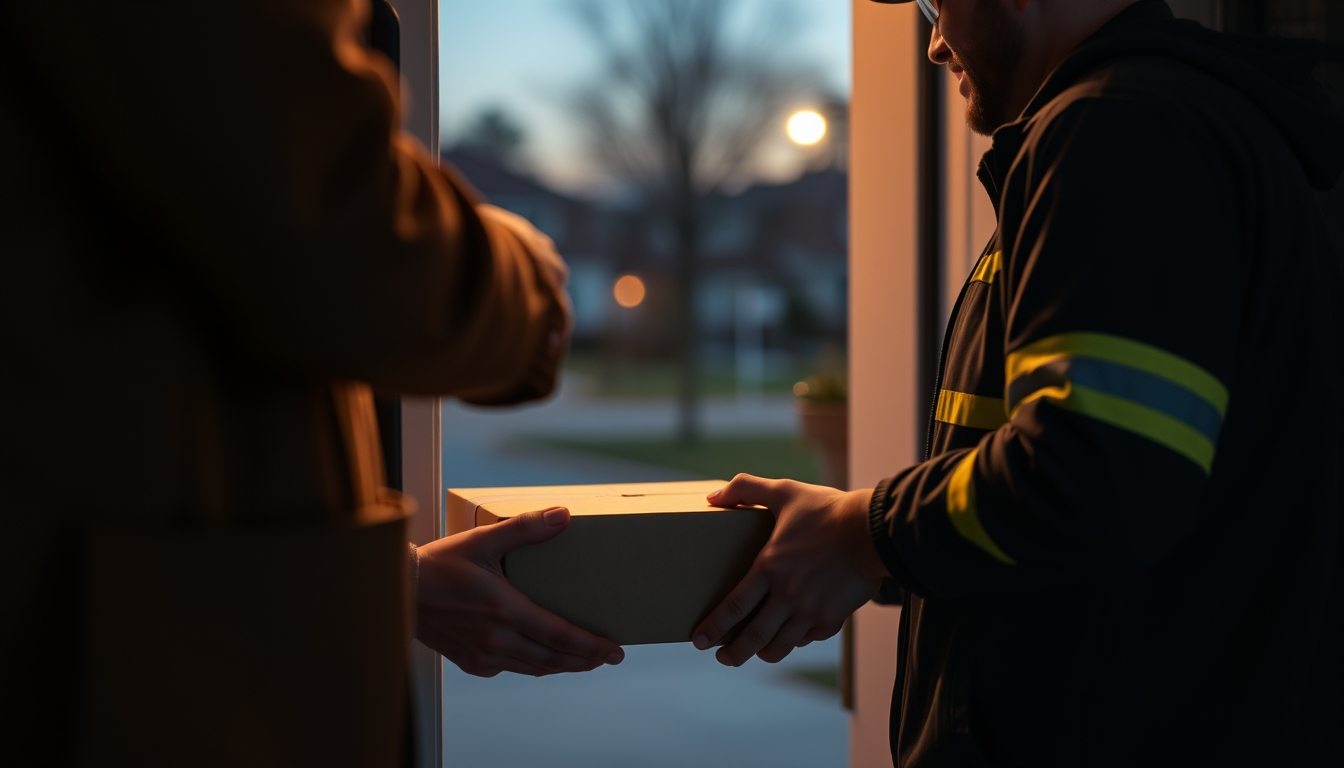 delivery driver handing package to customer at door in editorial style