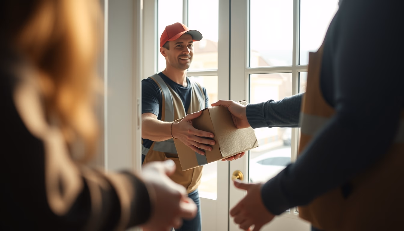 Delivery driver handing package to customer at door em estilo editorial