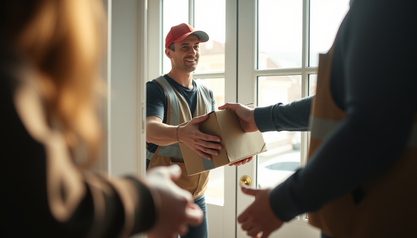 delivery driver handing package to customer at door in editorial style