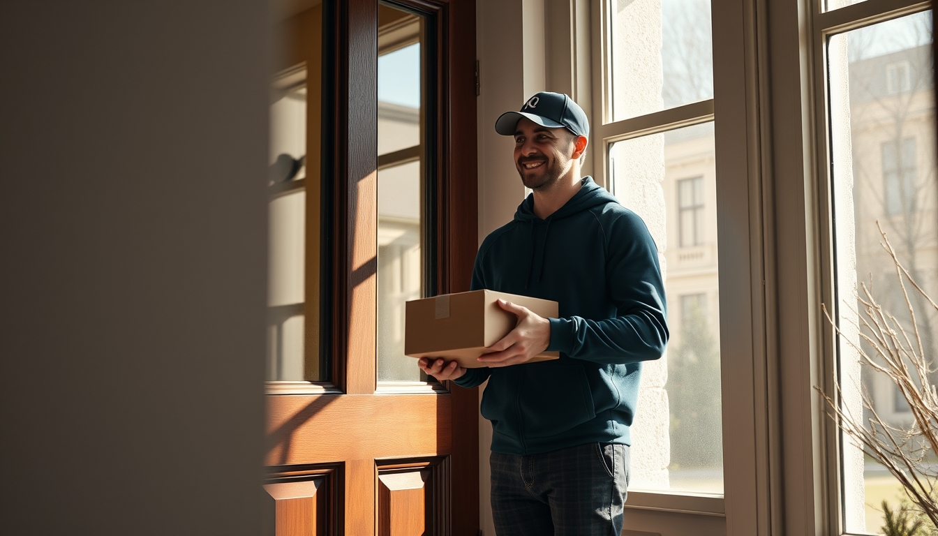 delivery driver handing package to customer at door in editorial style