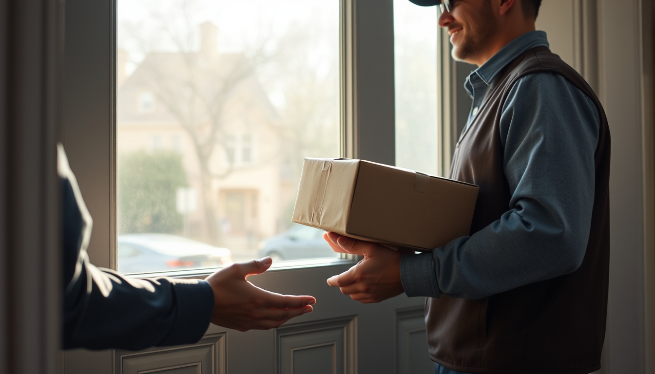 delivery driver handing package to customer at door in editorial style