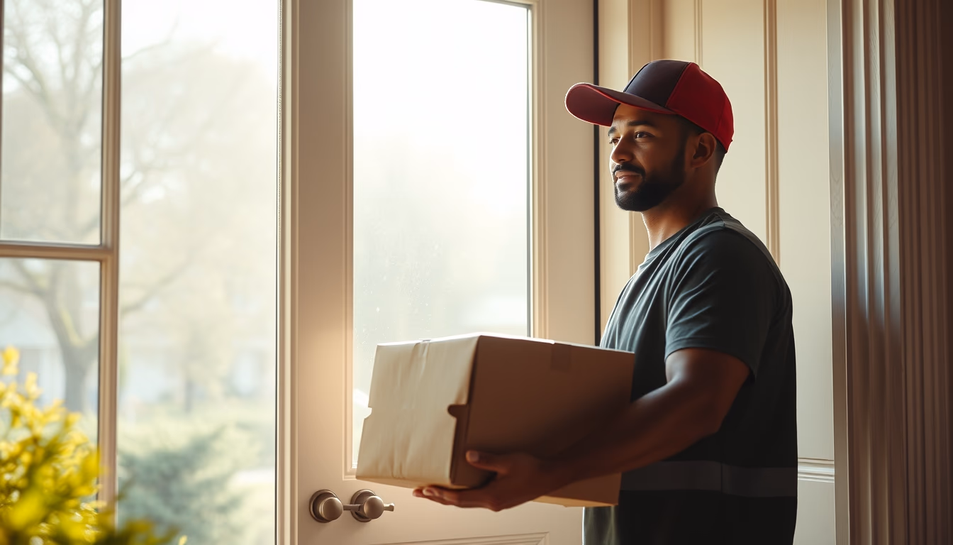 delivery driver handing package to customer at door in editorial style