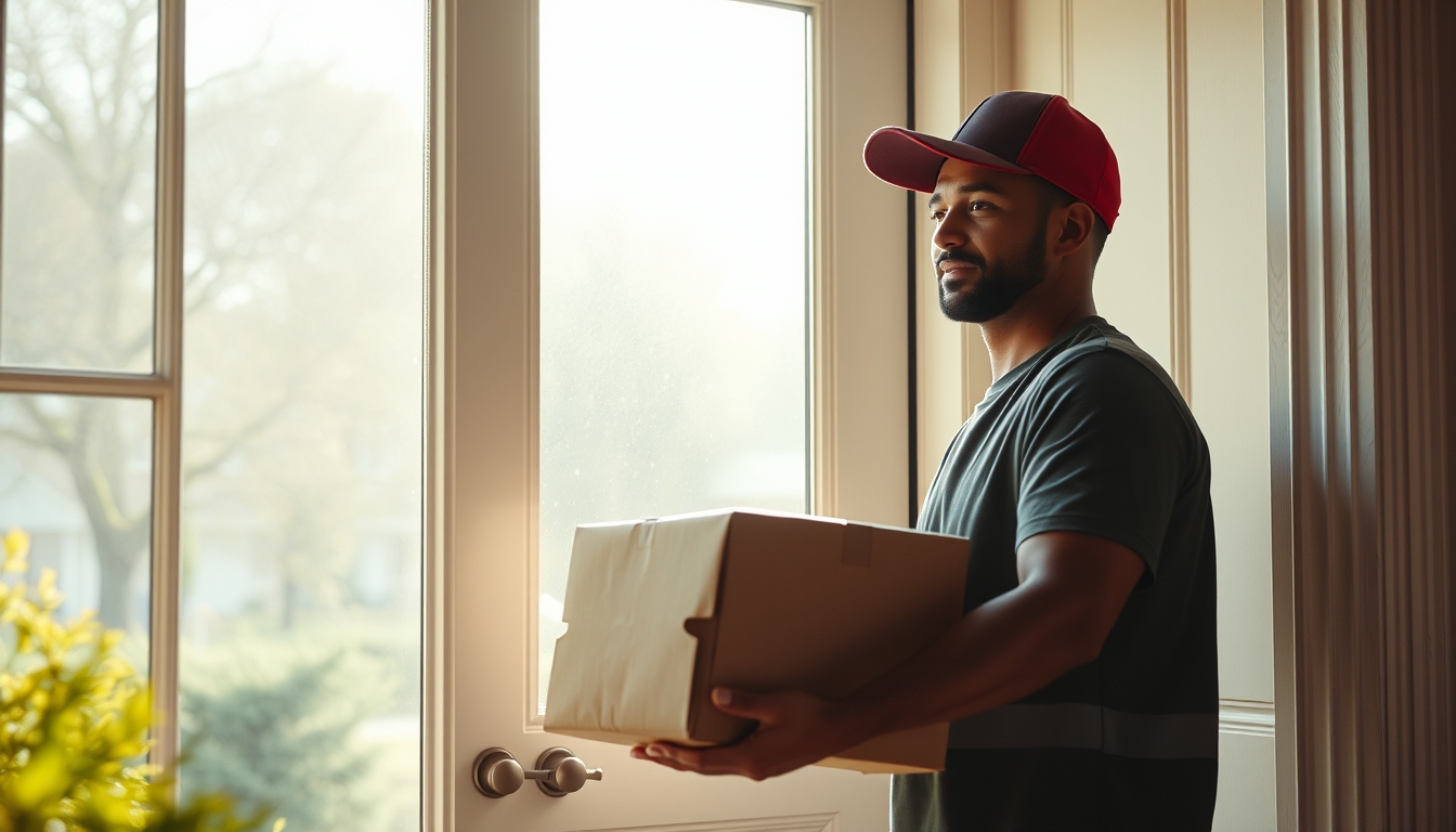 delivery driver handing package to customer at door in editorial style