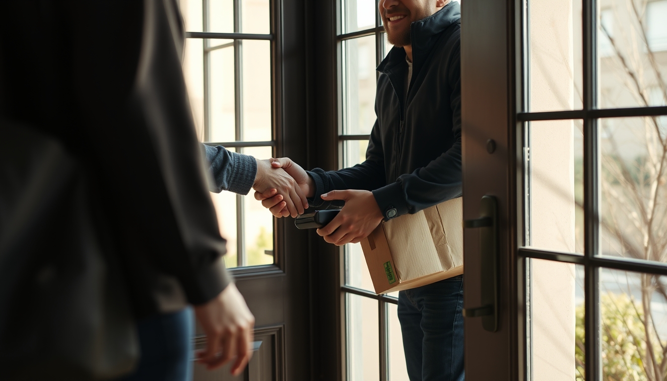 delivery driver handing package to customer at door in editorial style