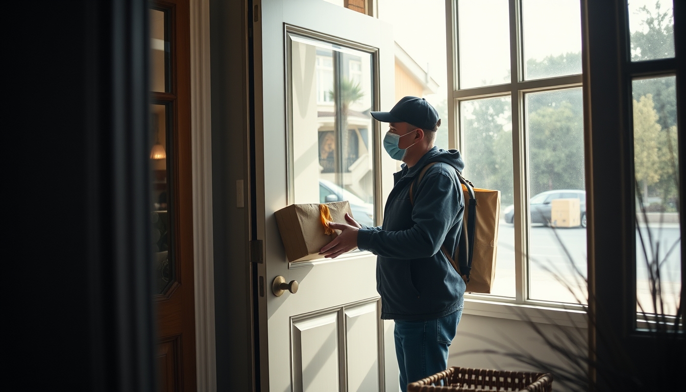 delivery driver handing package to customer at door in editorial style