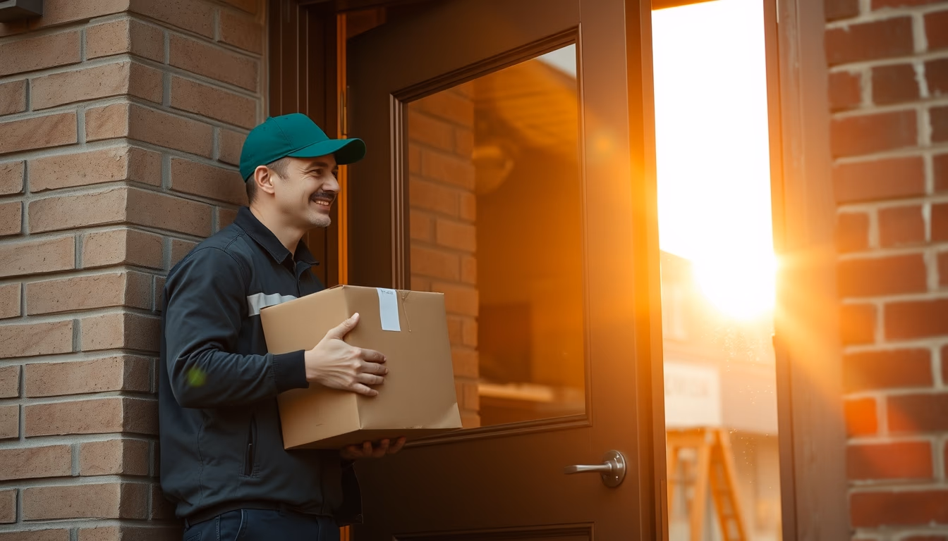 delivery driver handing package to customer at door in editorial style