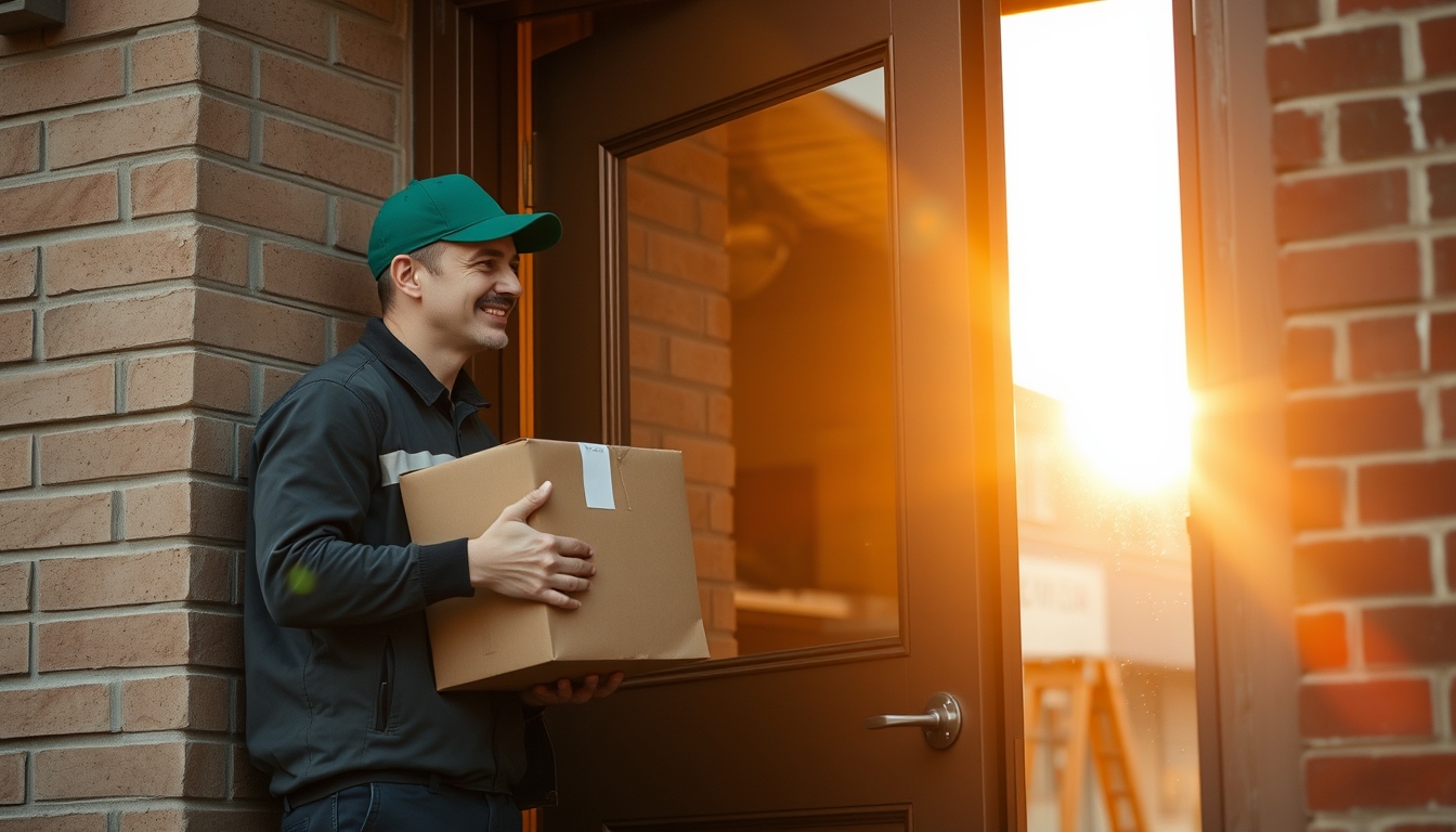 delivery driver handing package to customer at door in editorial style
