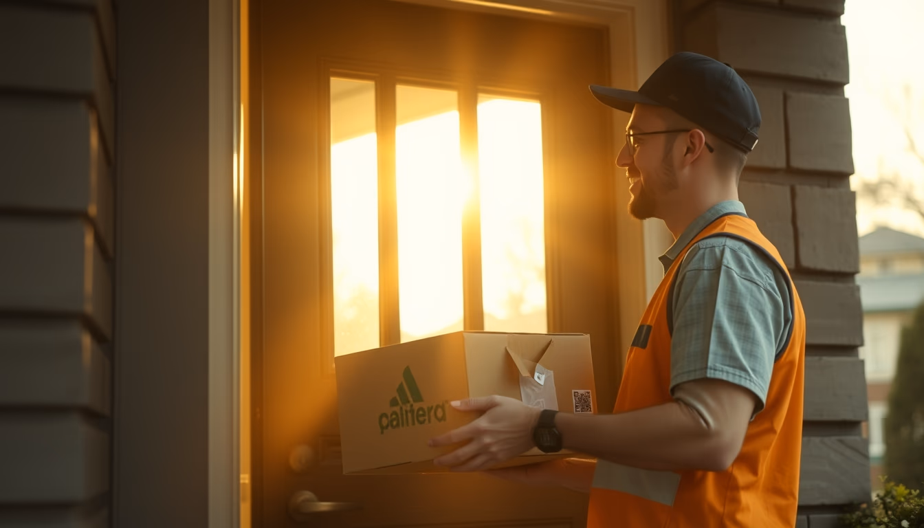 Delivery driver handing package to customer at door em estilo editorial