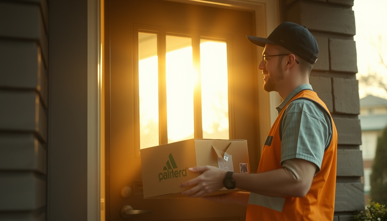 delivery driver handing package to customer at door in editorial style
