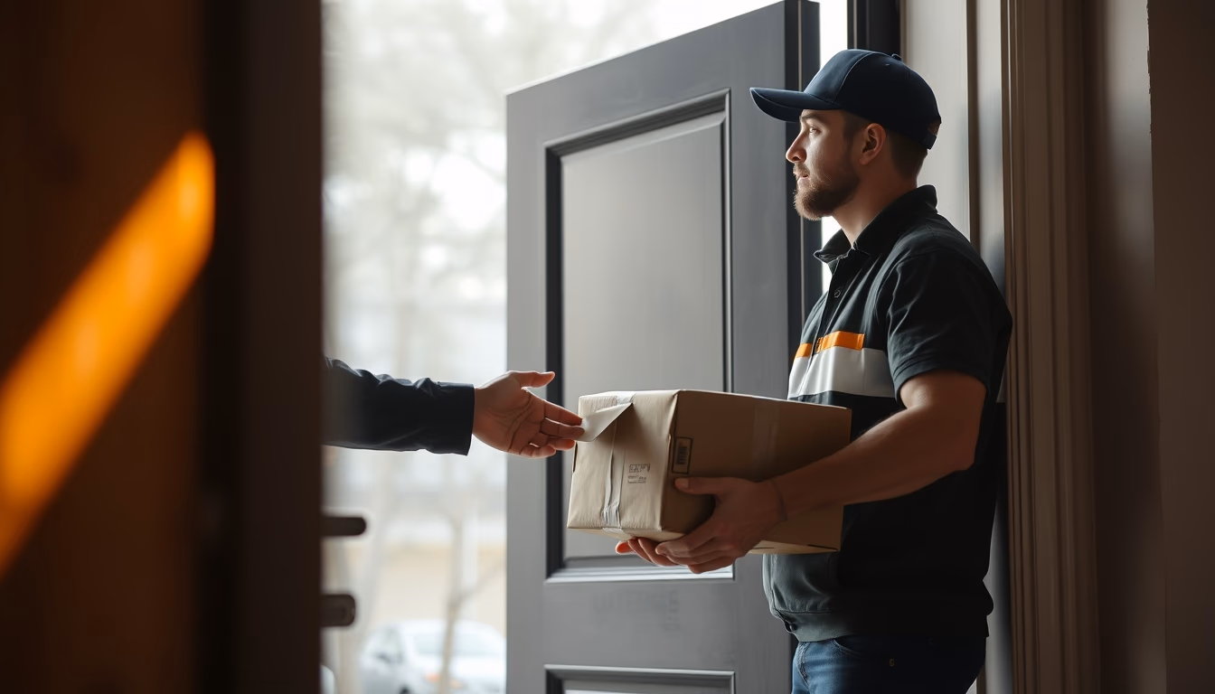 Delivery driver handing package to customer at door em estilo editorial