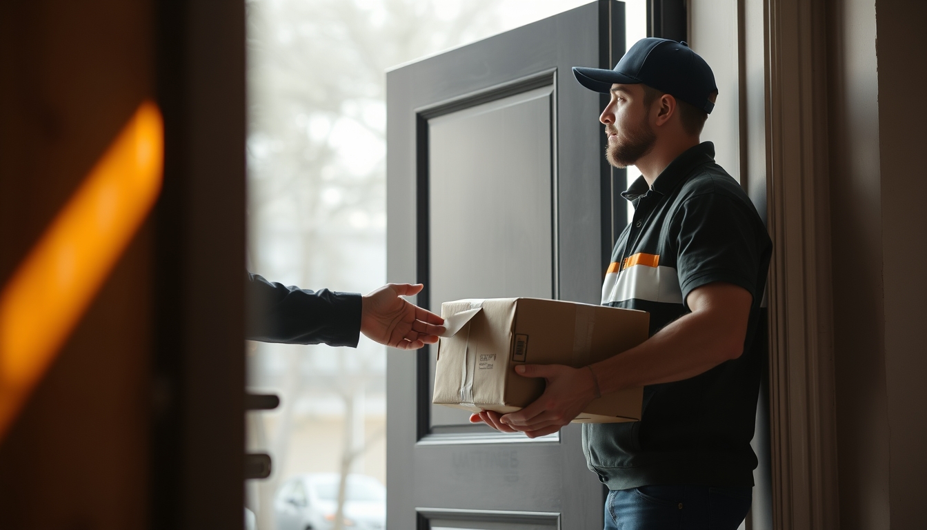 delivery driver handing package to customer at door in editorial style