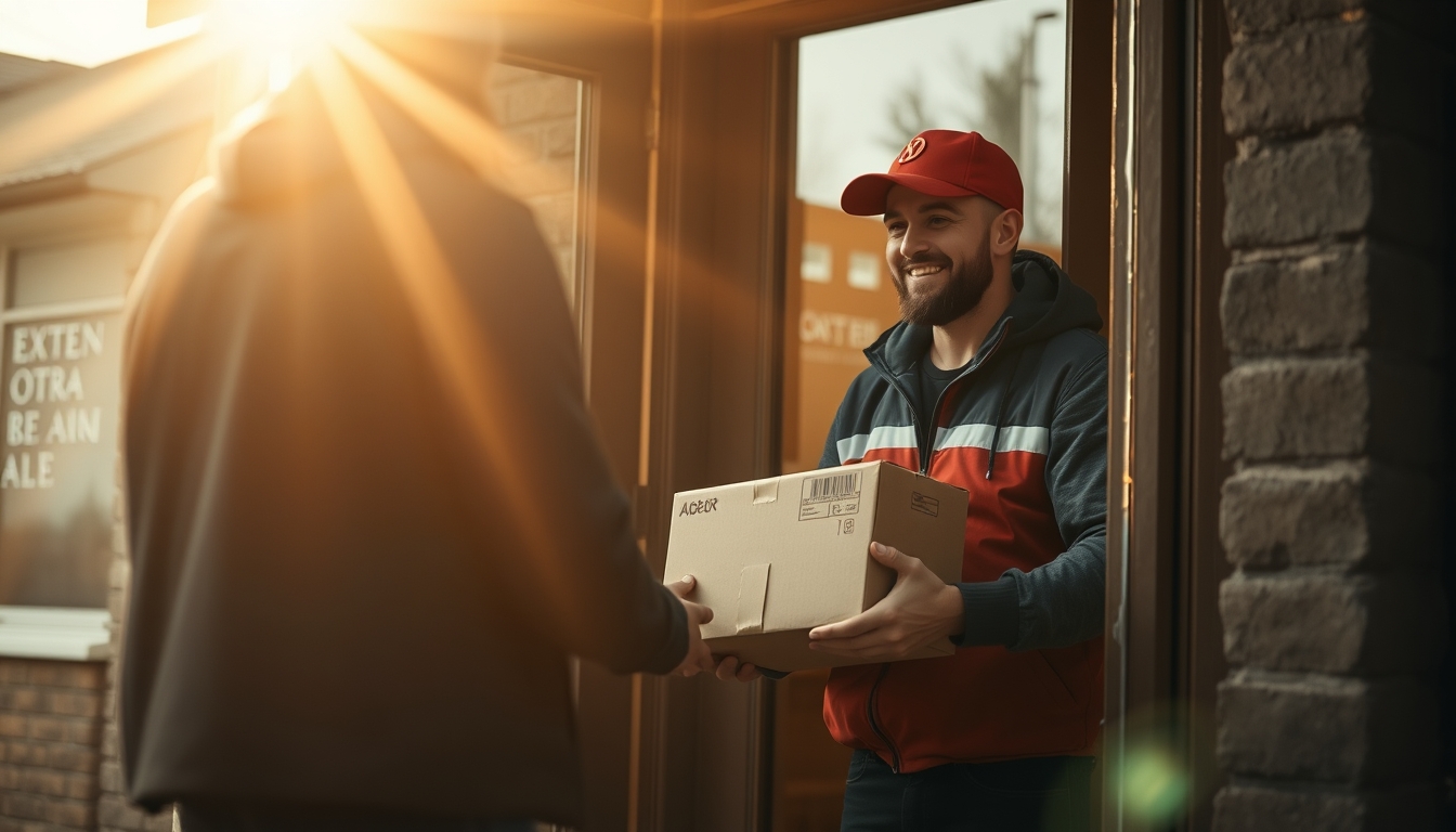 delivery driver handing package to customer at door in editorial style