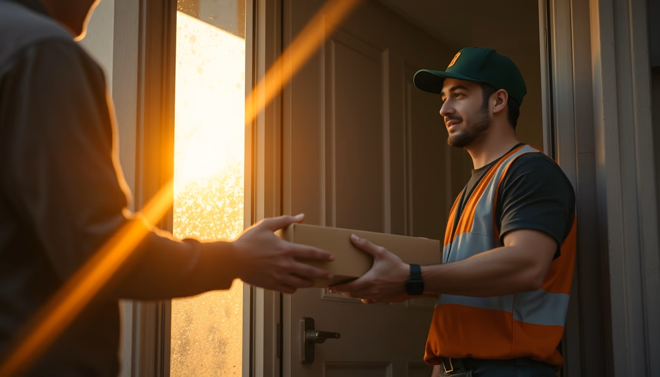 Delivery driver handing package to customer at door em estilo editorial