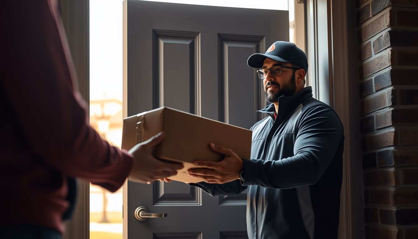 delivery driver handing package to customer at door in editorial style