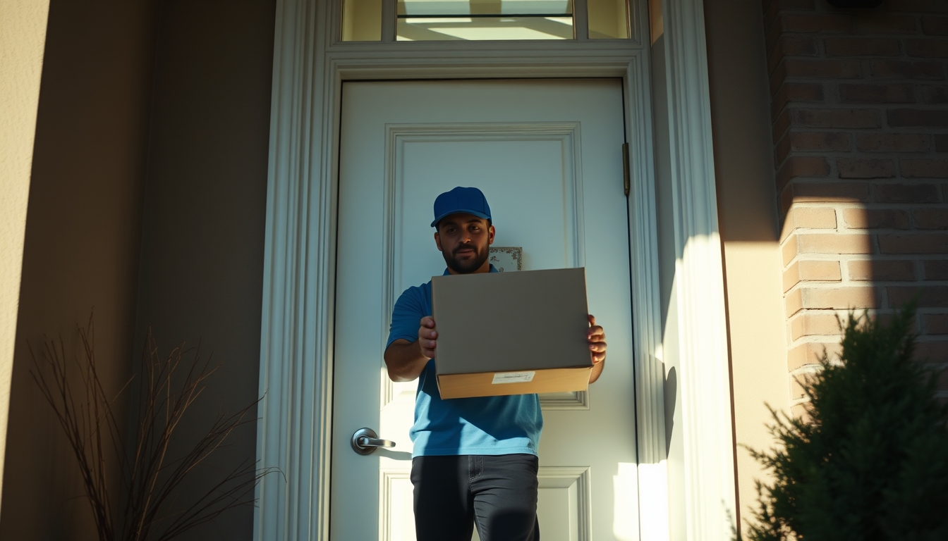 delivery driver handing package to customer at door in editorial style