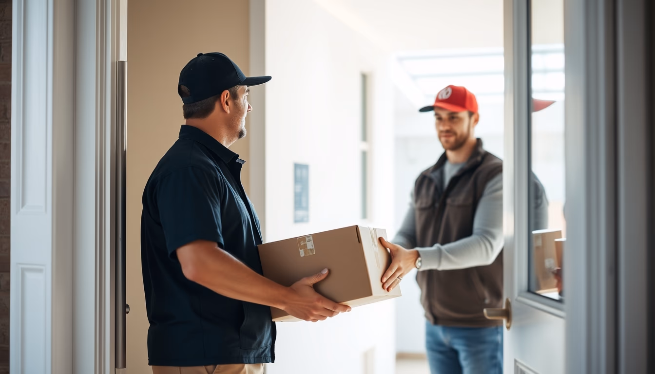 Delivery driver handing package to customer at door em estilo editorial