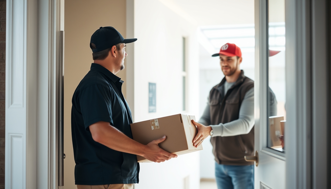 delivery driver handing package to customer at door in editorial style