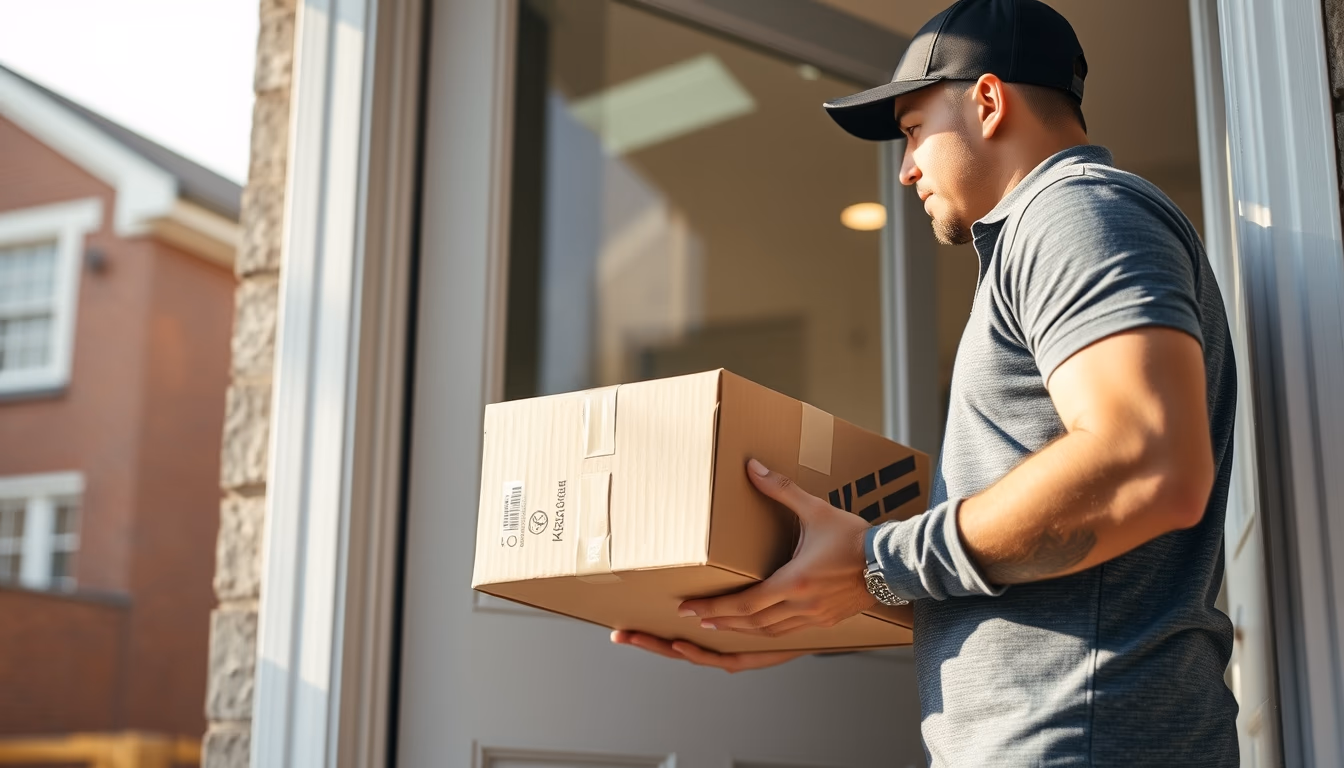 Delivery driver handing package to customer at door em estilo editorial