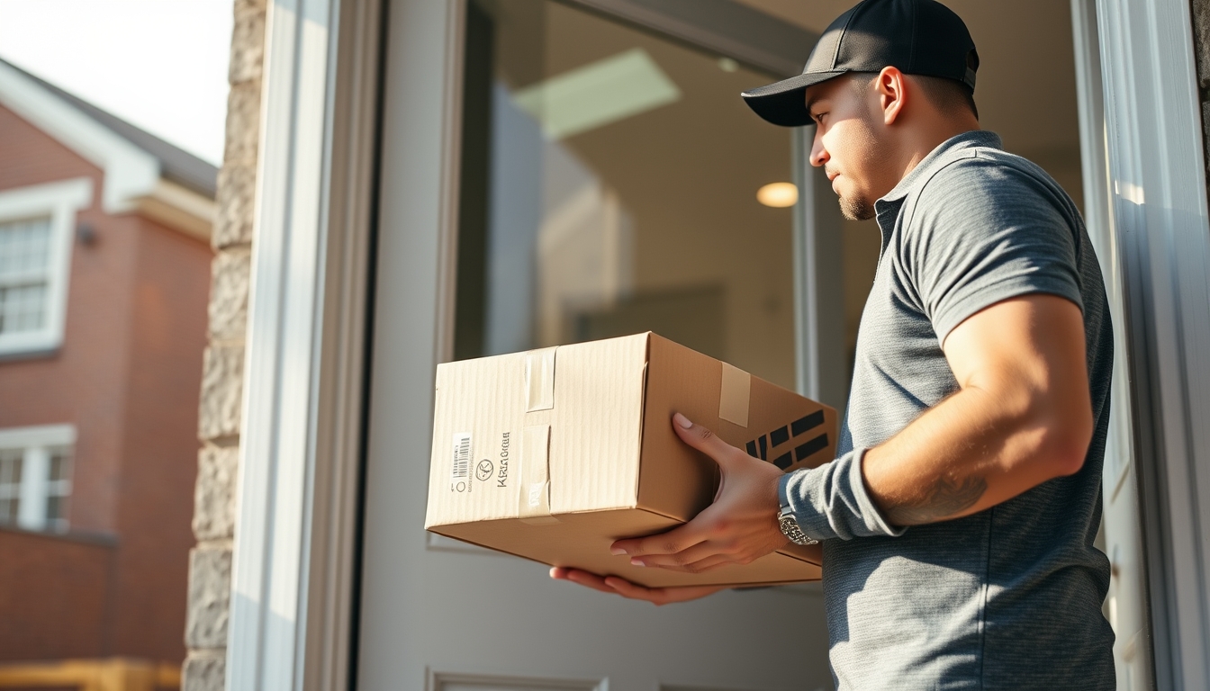 delivery driver handing package to customer at door in editorial style