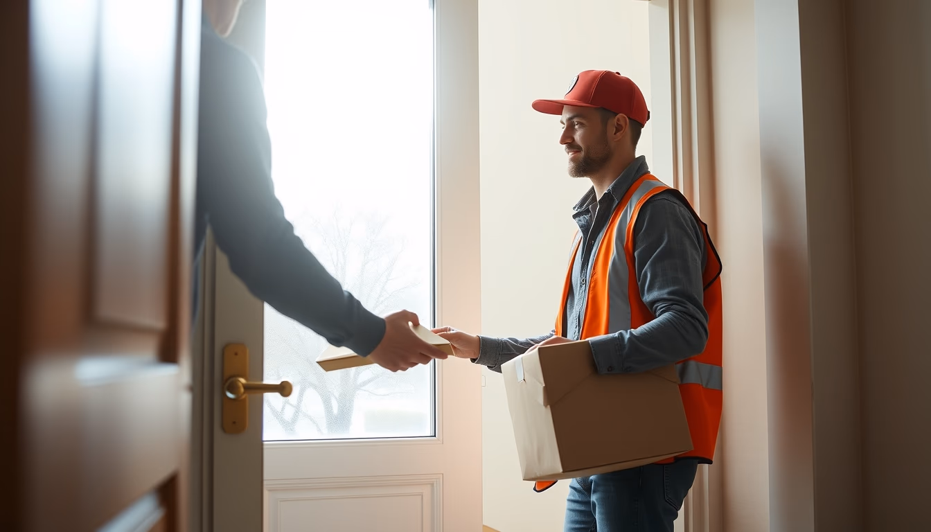 Delivery driver handing package to customer at door em estilo editorial