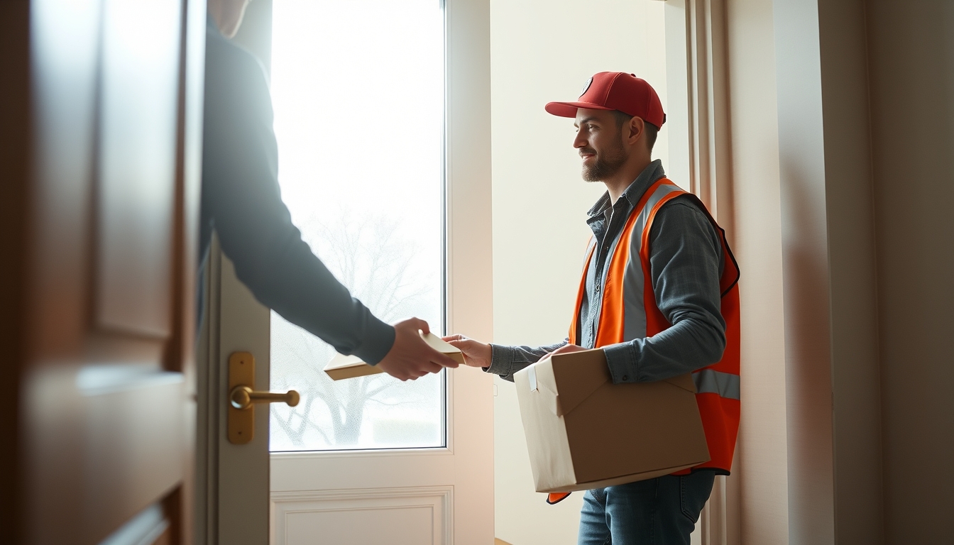delivery driver handing package to customer at door in editorial style