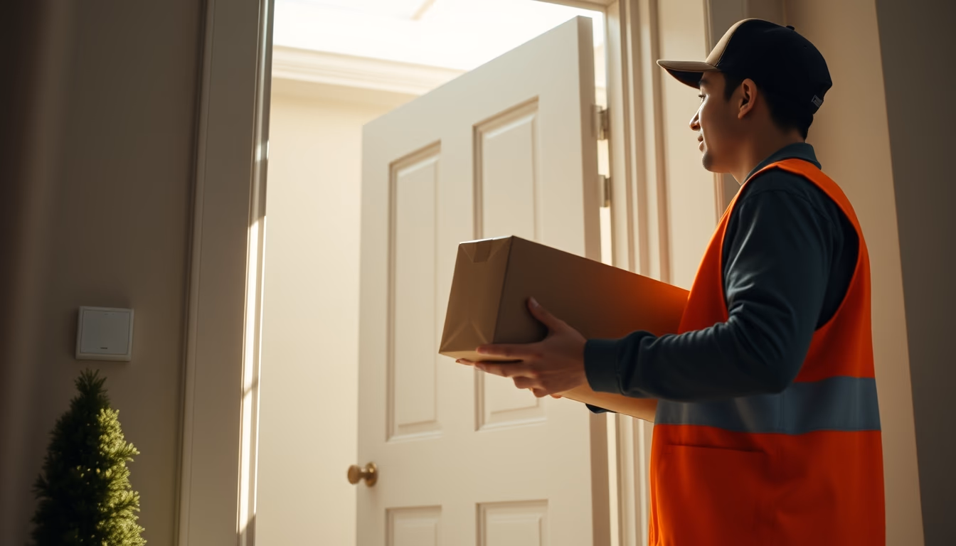 Delivery driver handing package to customer at door em estilo editorial