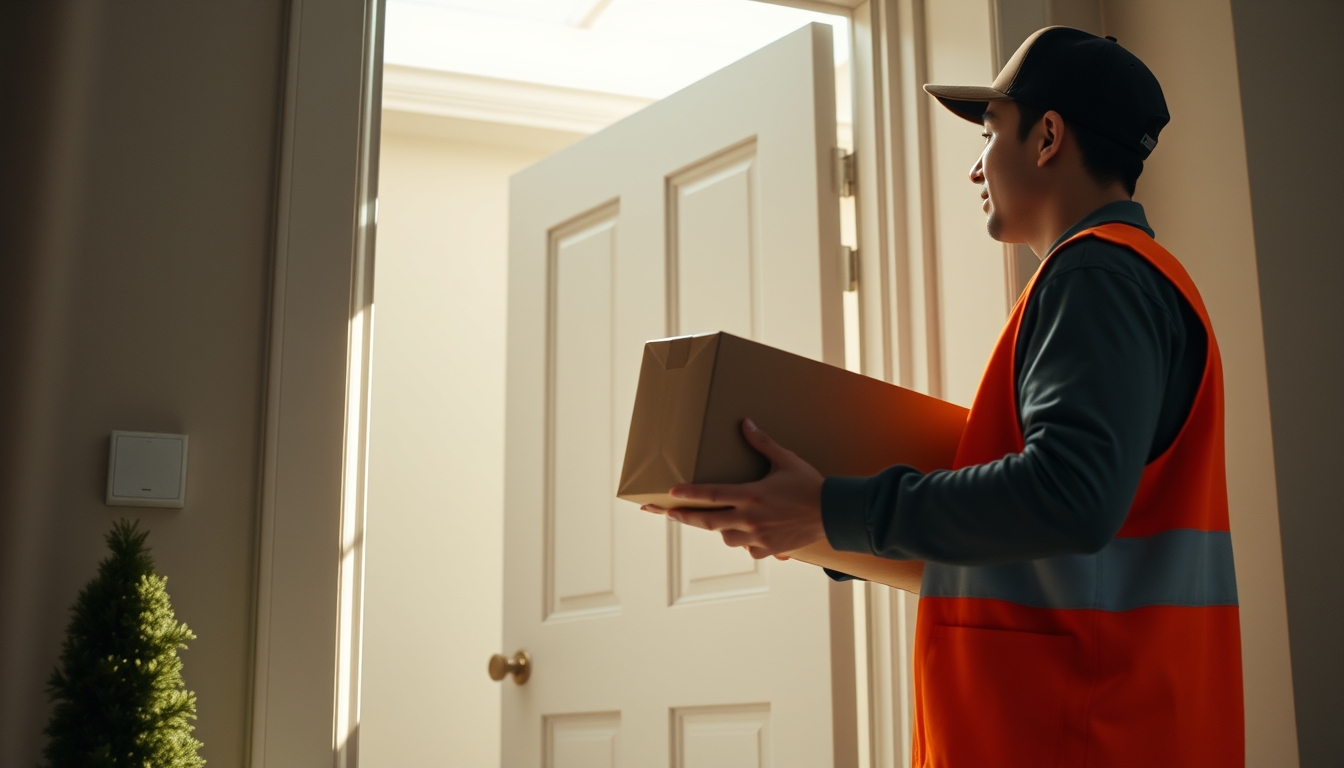delivery driver handing package to customer at door in editorial style