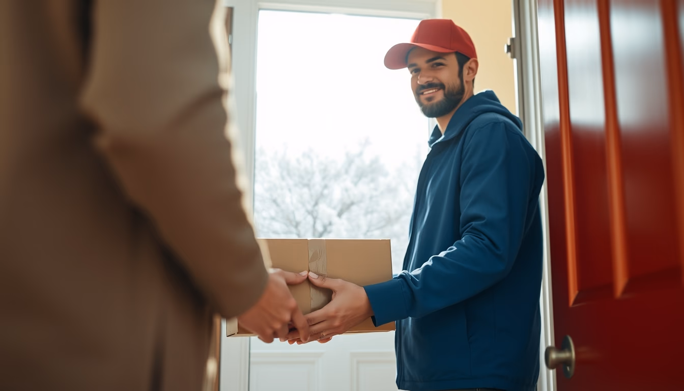 Delivery driver handing package to customer at door em estilo editorial