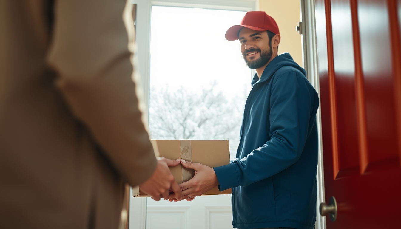 delivery driver handing package to customer at door in editorial style