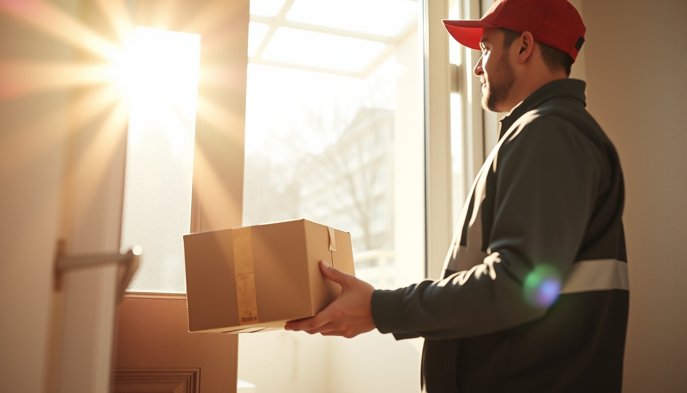 delivery driver handing package to customer at door in editorial style