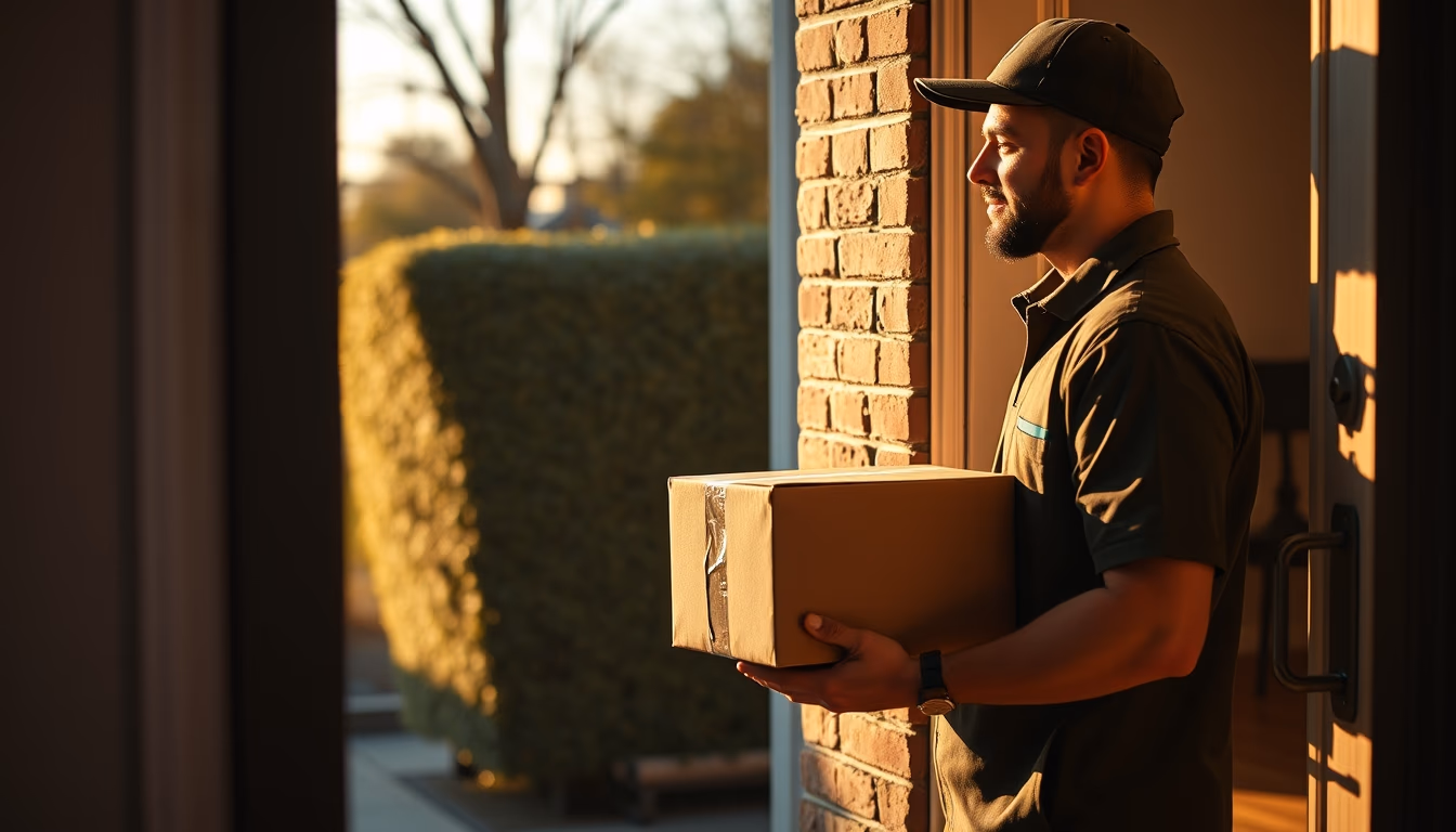 Delivery driver handing package to customer at door em estilo editorial