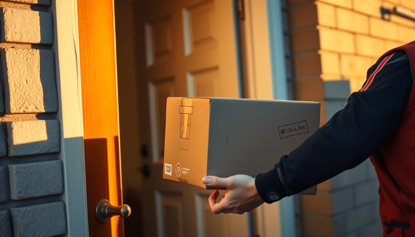 Delivery driver handing package to customer at door em estilo editorial