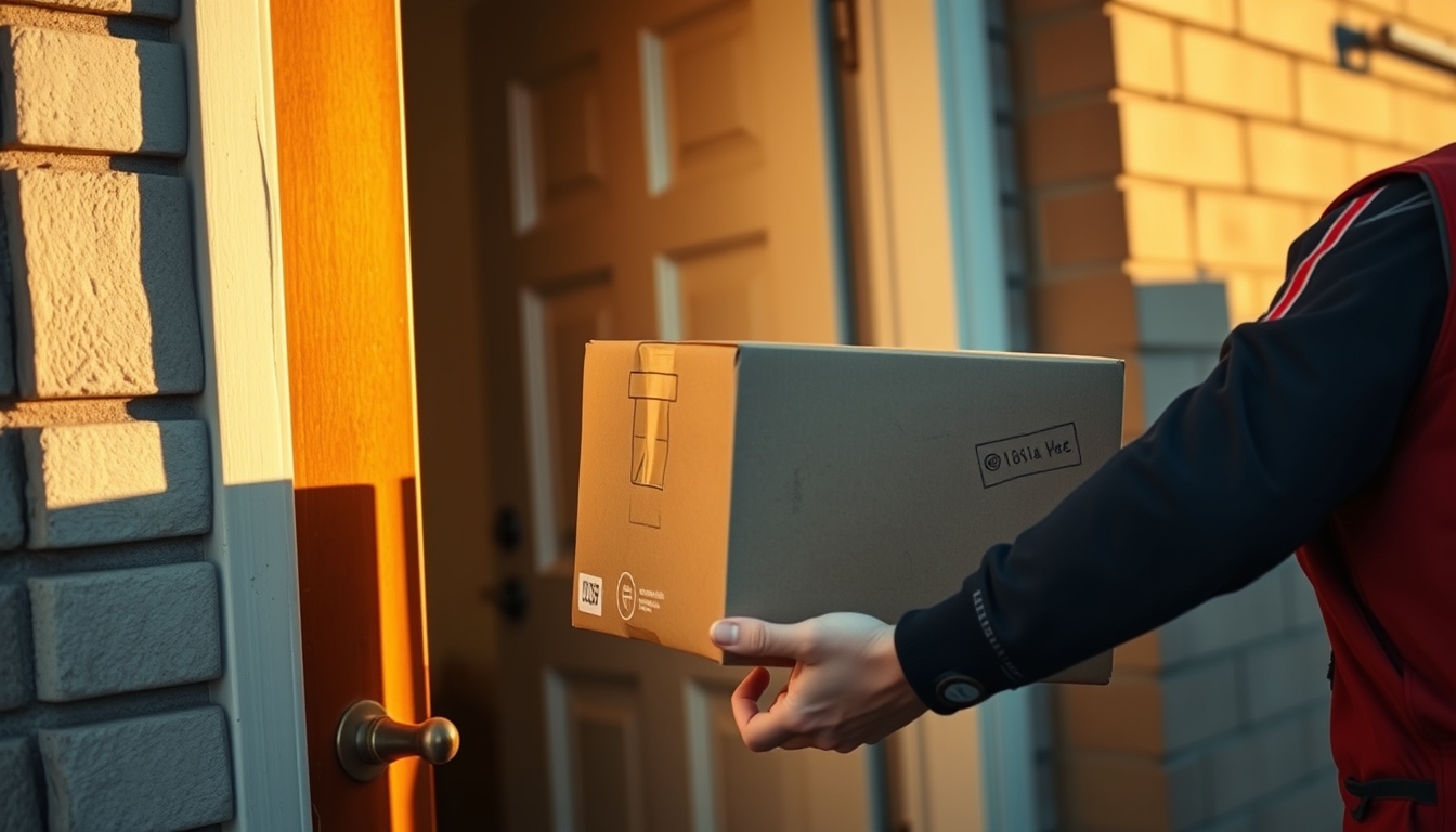 delivery driver handing package to customer at door in editorial style