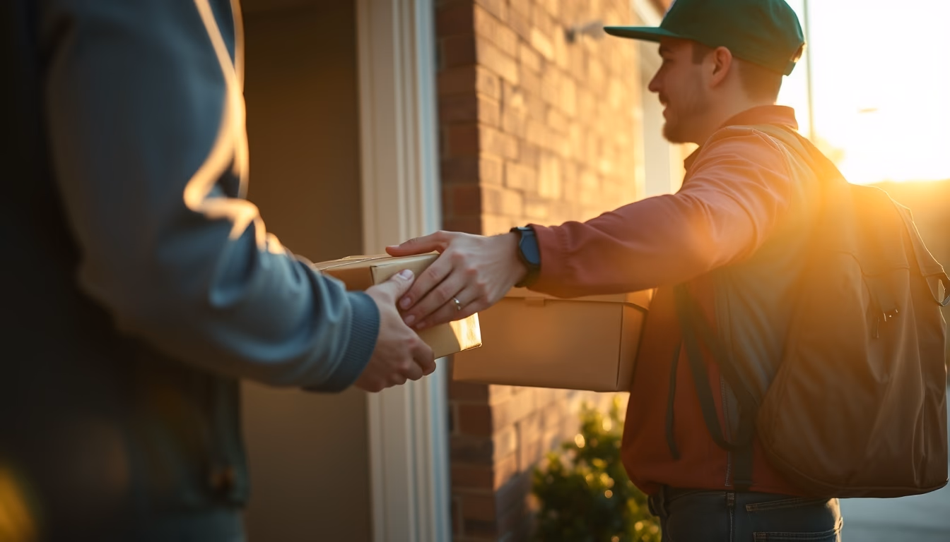 Delivery driver handing package to customer at door em estilo editorial