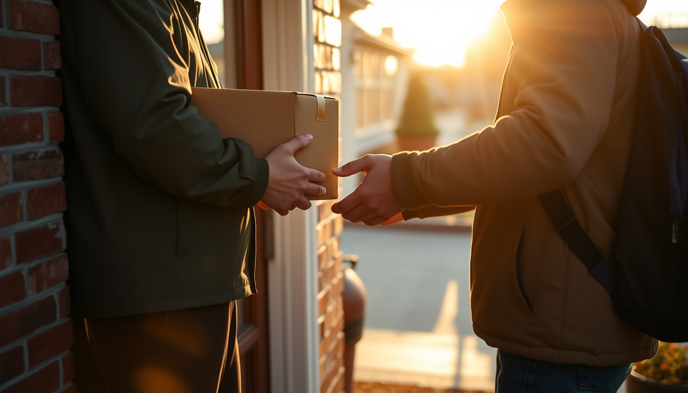delivery driver handing package to customer at door in editorial style