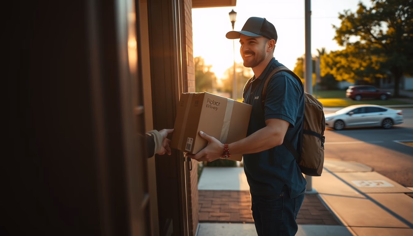 delivery driver handing package to customer at door in editorial style